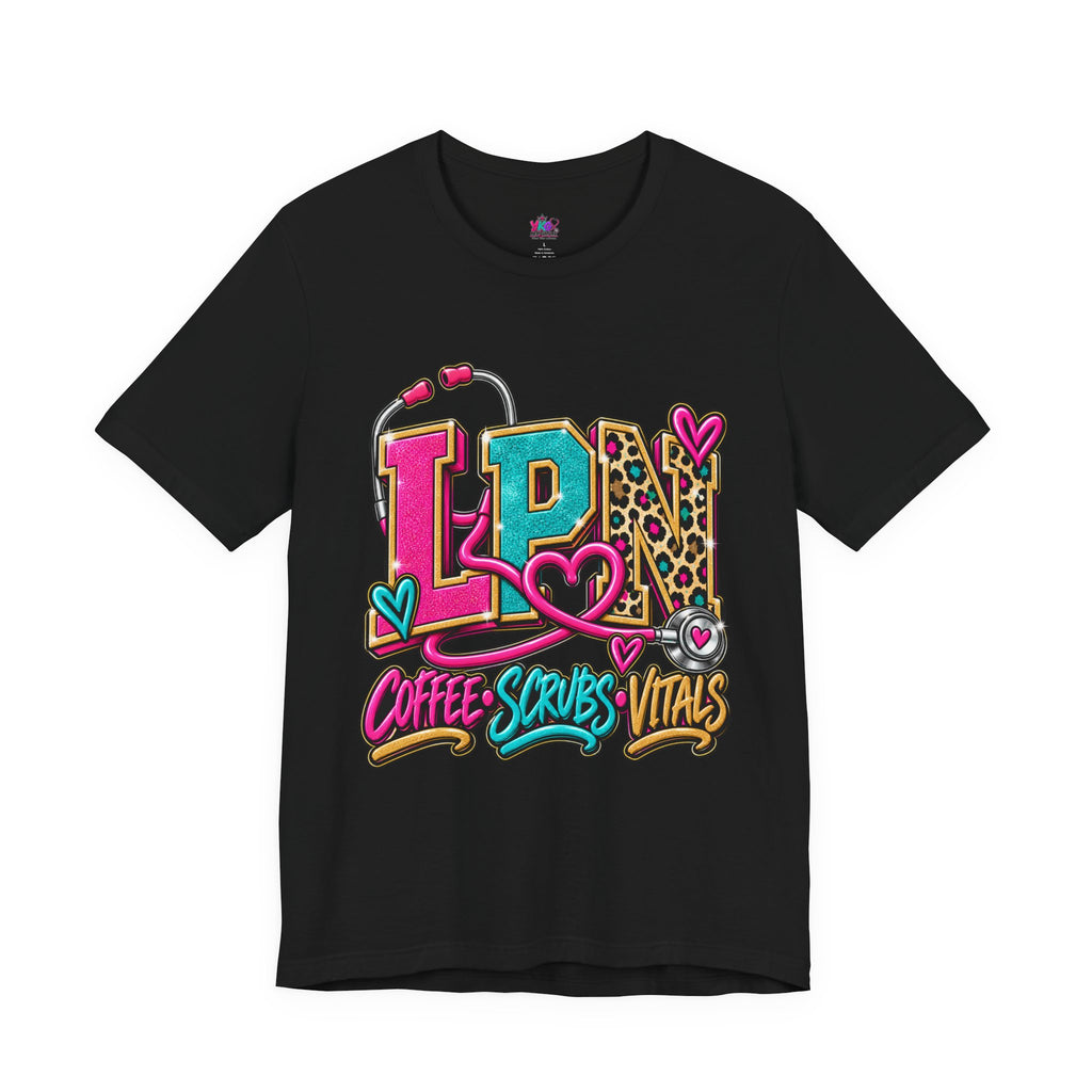 LPN Tee — “Coffee, Scrubs, Vitals” Colorful Stethoscope Design