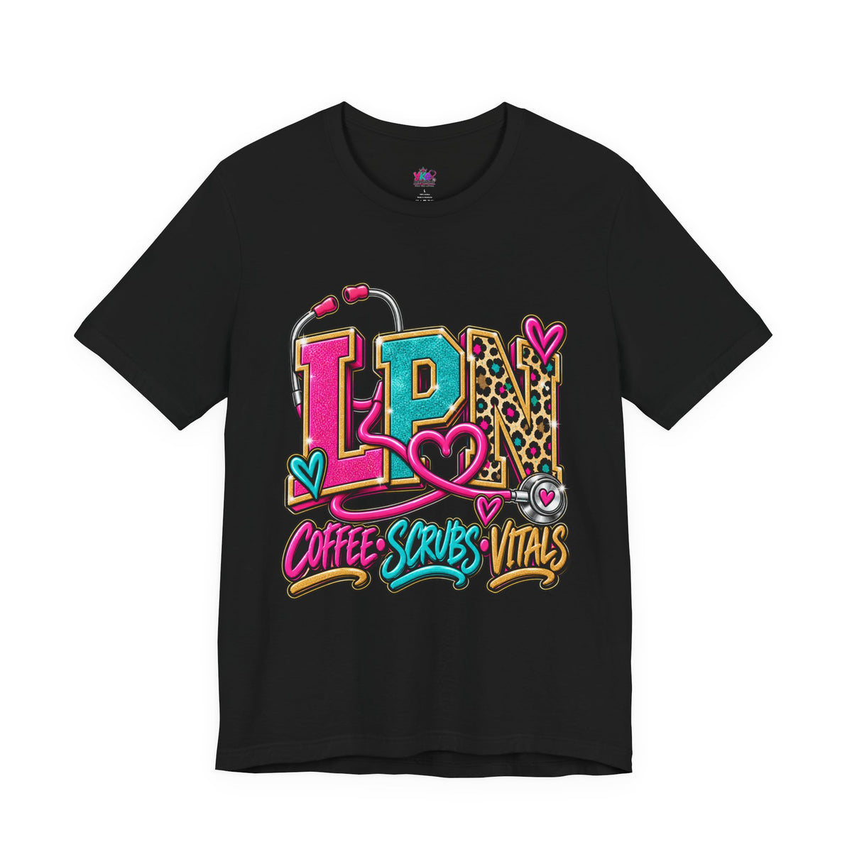 LPN Tee — “Coffee, Scrubs, Vitals” Colorful Stethoscope Design