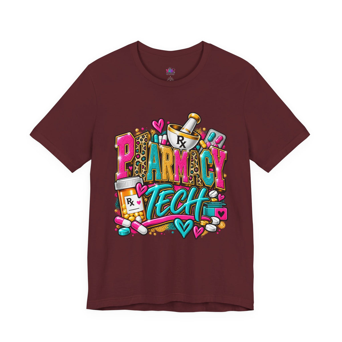 Pharmacy Tech T-Shirt – Colorful Heart & Pill Graphic Tee for Pharmacy Technicians