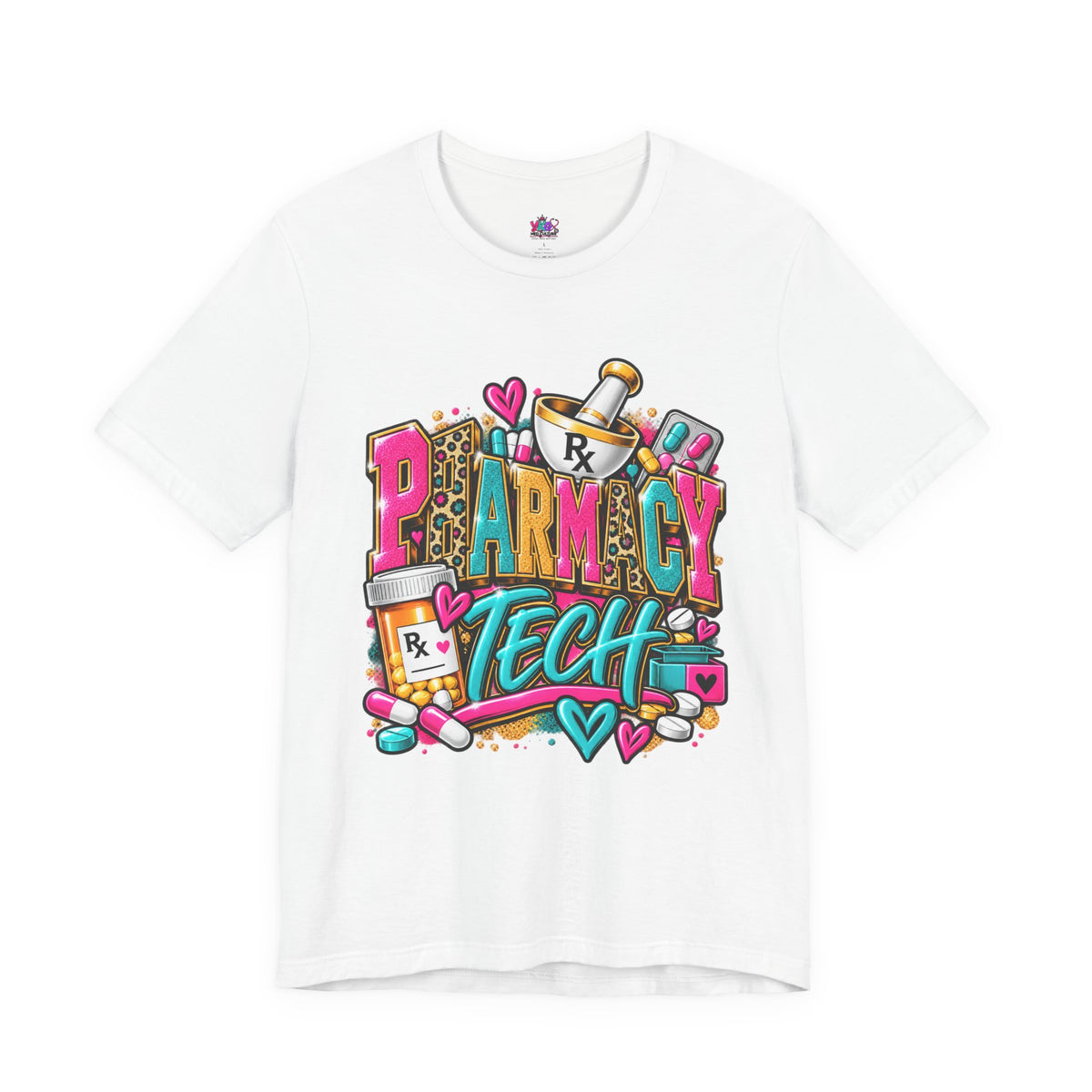 Pharmacy Tech T-Shirt – Colorful Heart & Pill Graphic Tee for Pharmacy Technicians