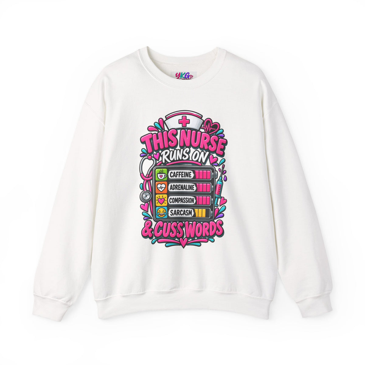 Nurse Crewneck Sweatshirt — "This Nurse Runs on Caffeine, Compassion & Cuss Words" Embroidered