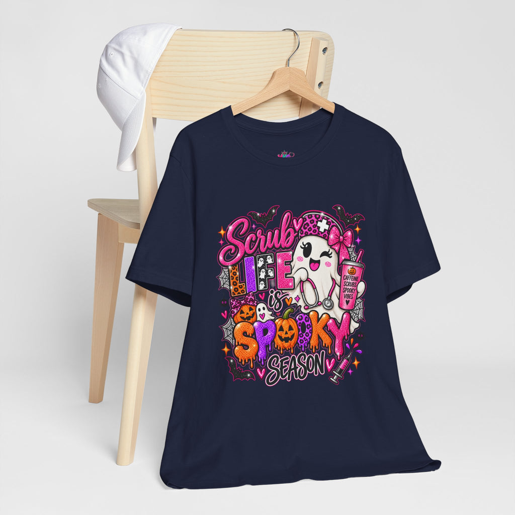 Spooky Season Scrub Life Graphic Tee — Halloween Nurse & Healthcare Cartoon Shirt