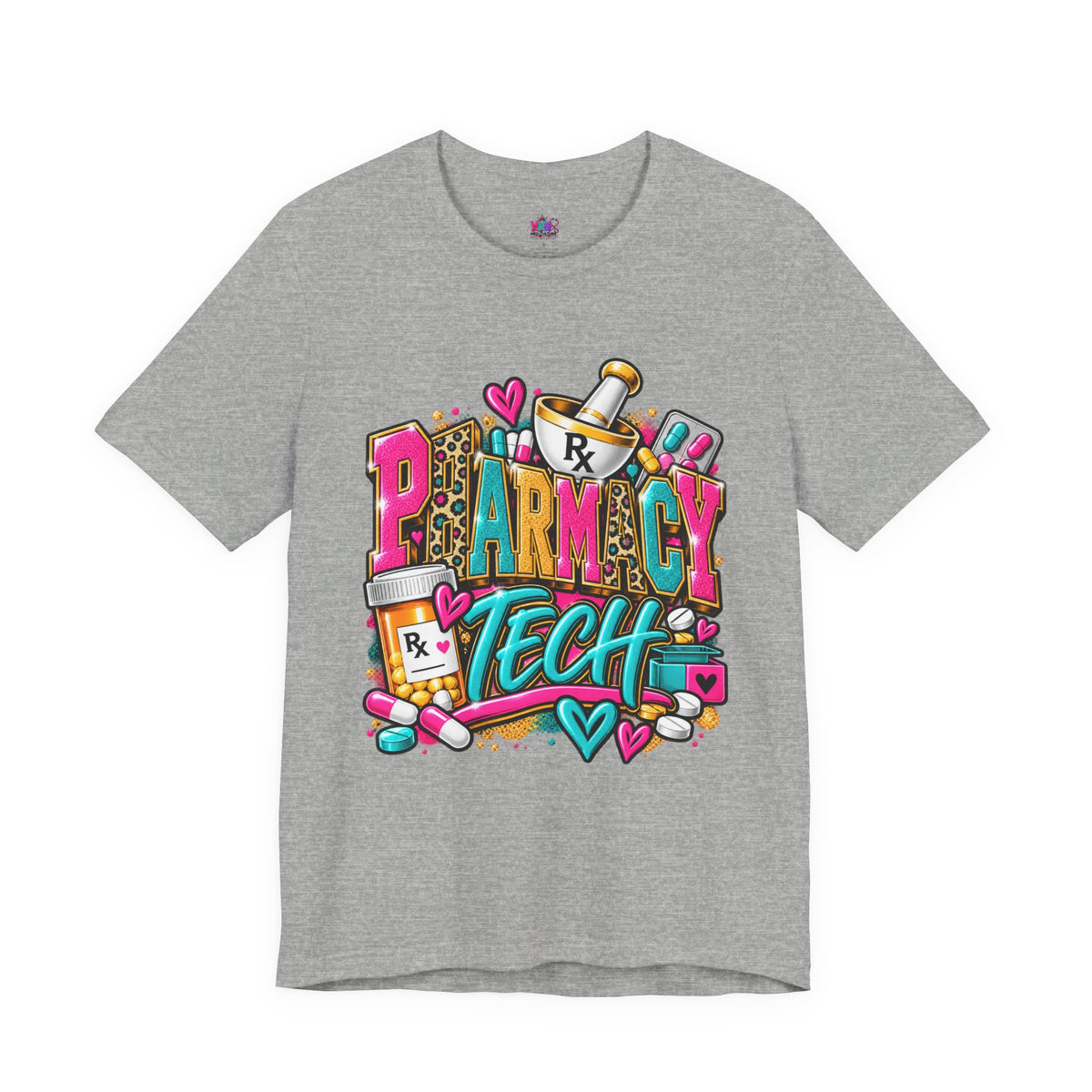 Pharmacy Tech T-Shirt – Colorful Heart & Pill Graphic Tee for Pharmacy Technicians