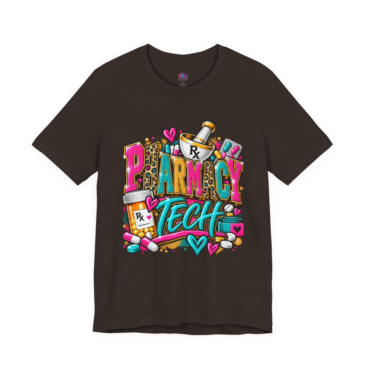 Pharmacy Tech T-Shirt – Colorful Heart & Pill Graphic Tee for Pharmacy Technicians