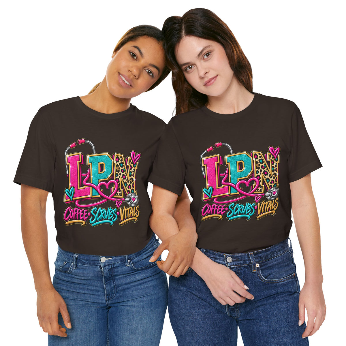 LPN Tee — “Coffee, Scrubs, Vitals” Colorful Stethoscope Design
