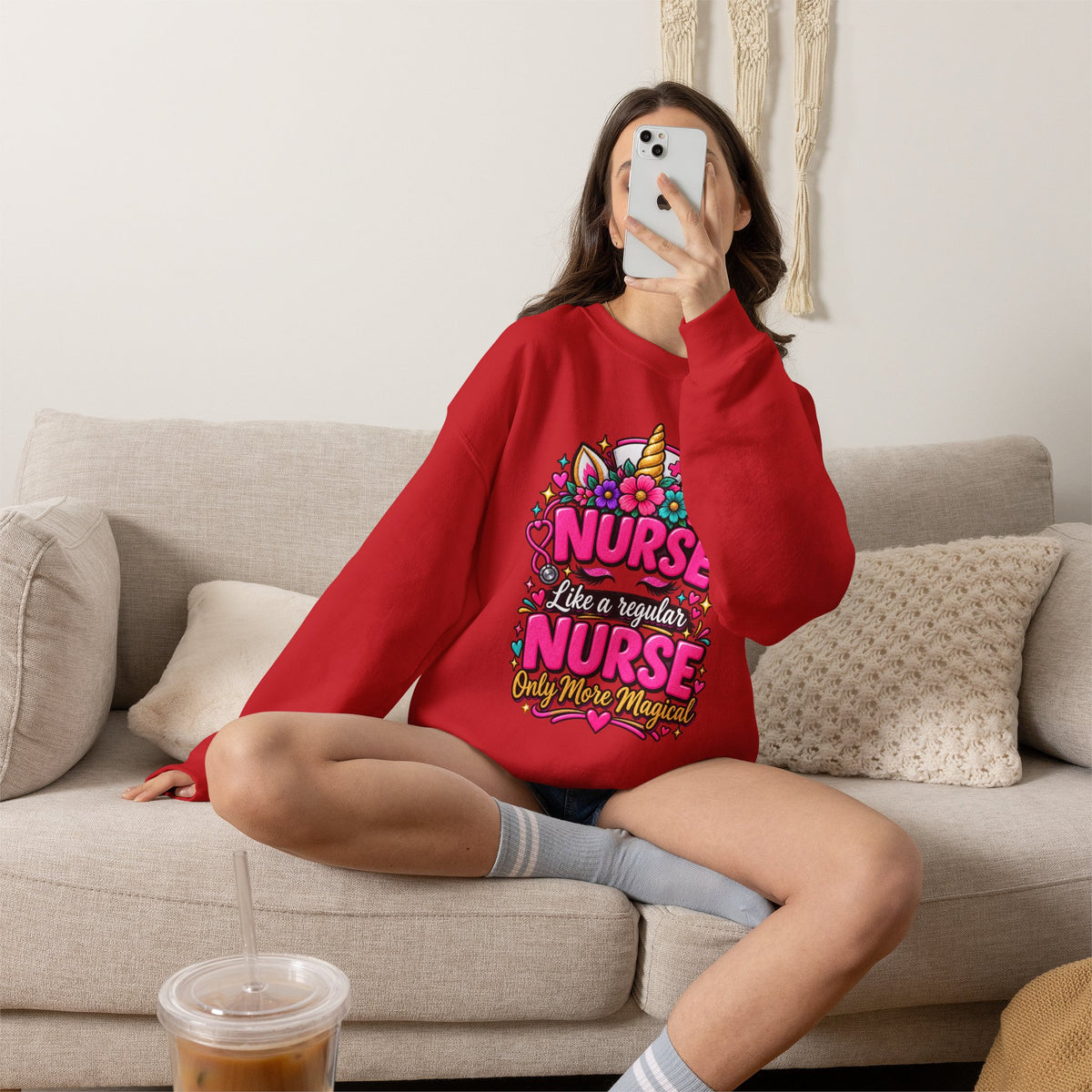 Crewneck Sweatshirt — "Nurse Like a Regular Nurse, Only More Magical" Cute Unicorn Nursing Pullover