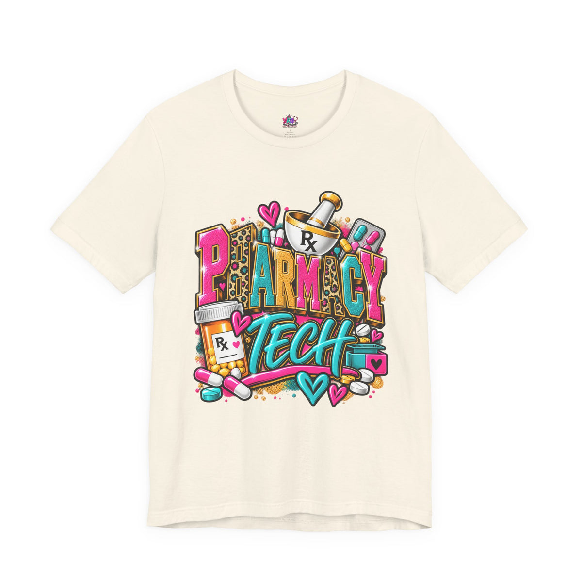 Pharmacy Tech T-Shirt – Colorful Heart & Pill Graphic Tee for Pharmacy Technicians