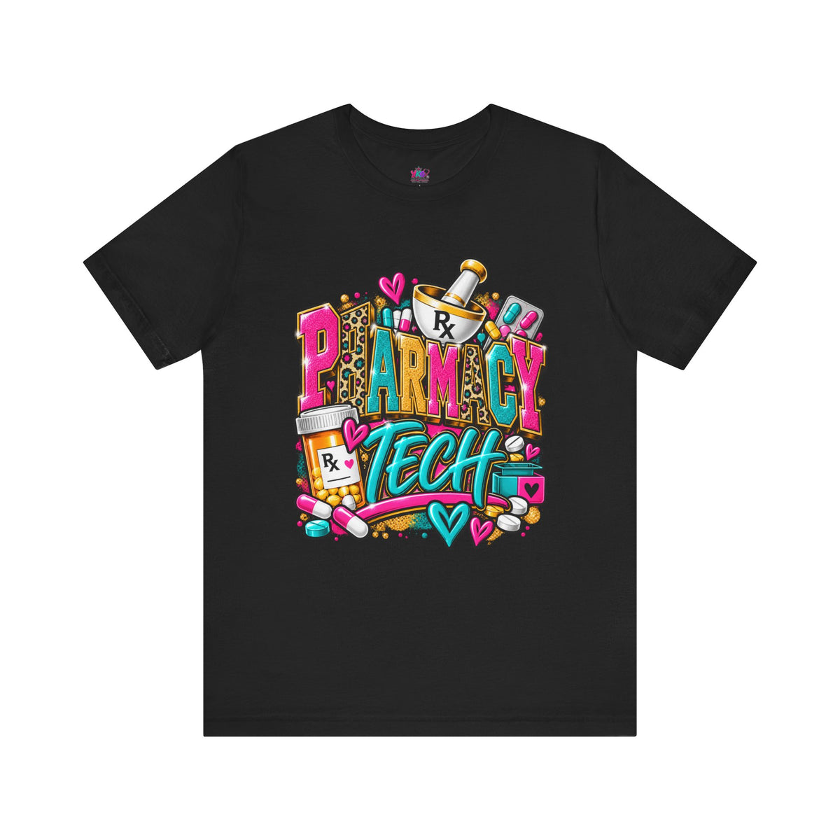 Pharmacy Tech T-Shirt – Colorful Heart & Pill Graphic Tee for Pharmacy Technicians