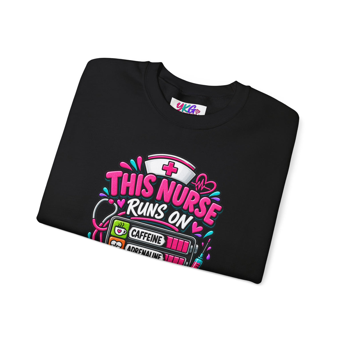 Nurse Crewneck Sweatshirt — "This Nurse Runs on Caffeine, Compassion & Cuss Words" Embroidered
