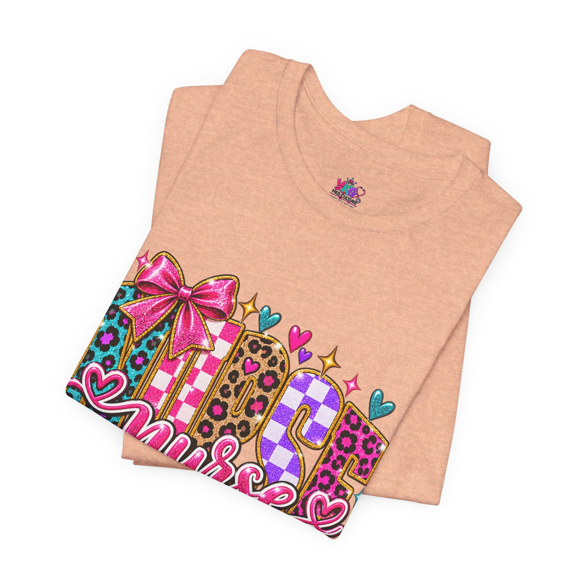 Nurse Graphic Tee — Colorful Leopard Scrub Letters with Hearts & Bow