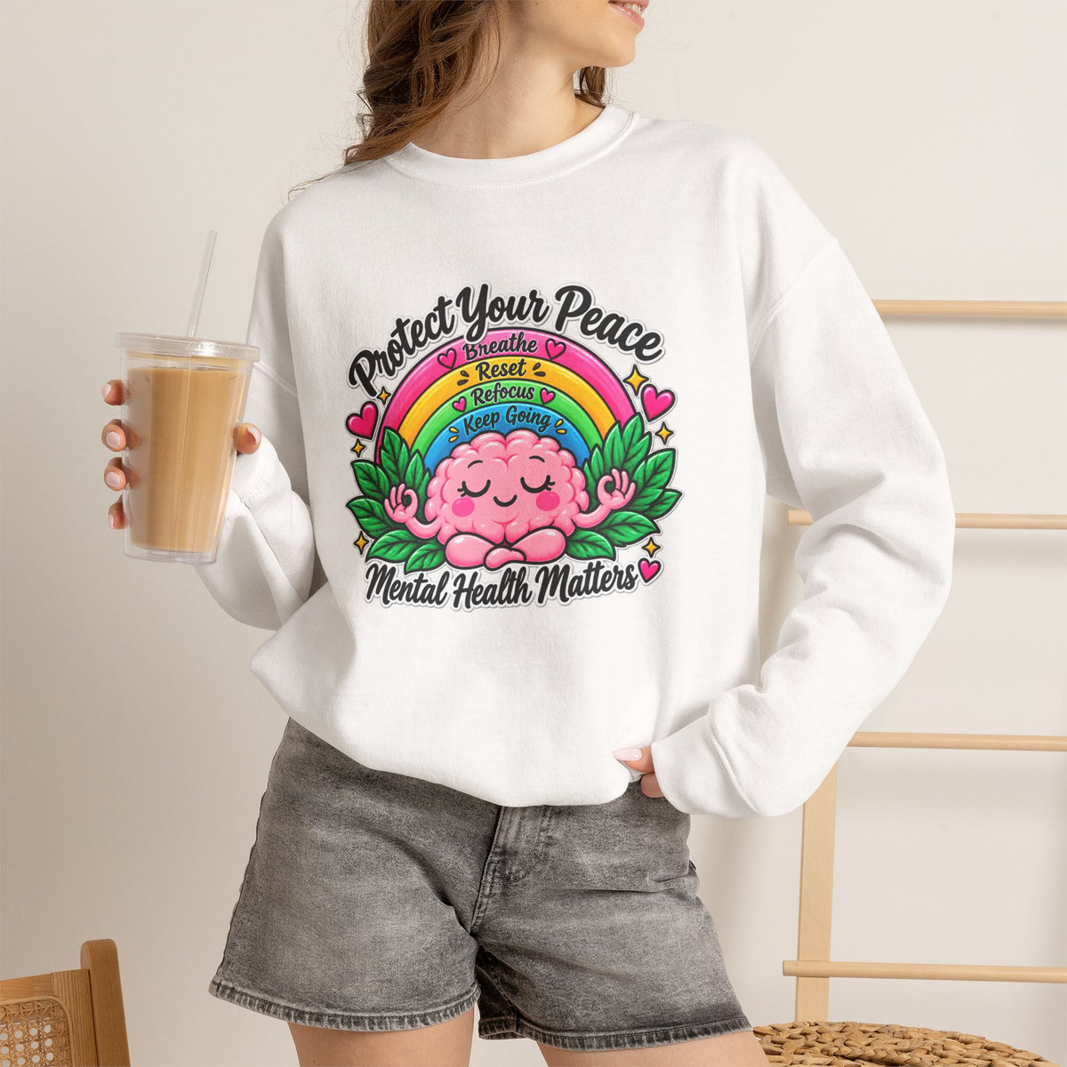 Protect Your Peace Crewneck Sweatshirt — Mental Health Matters Rainbow Brain