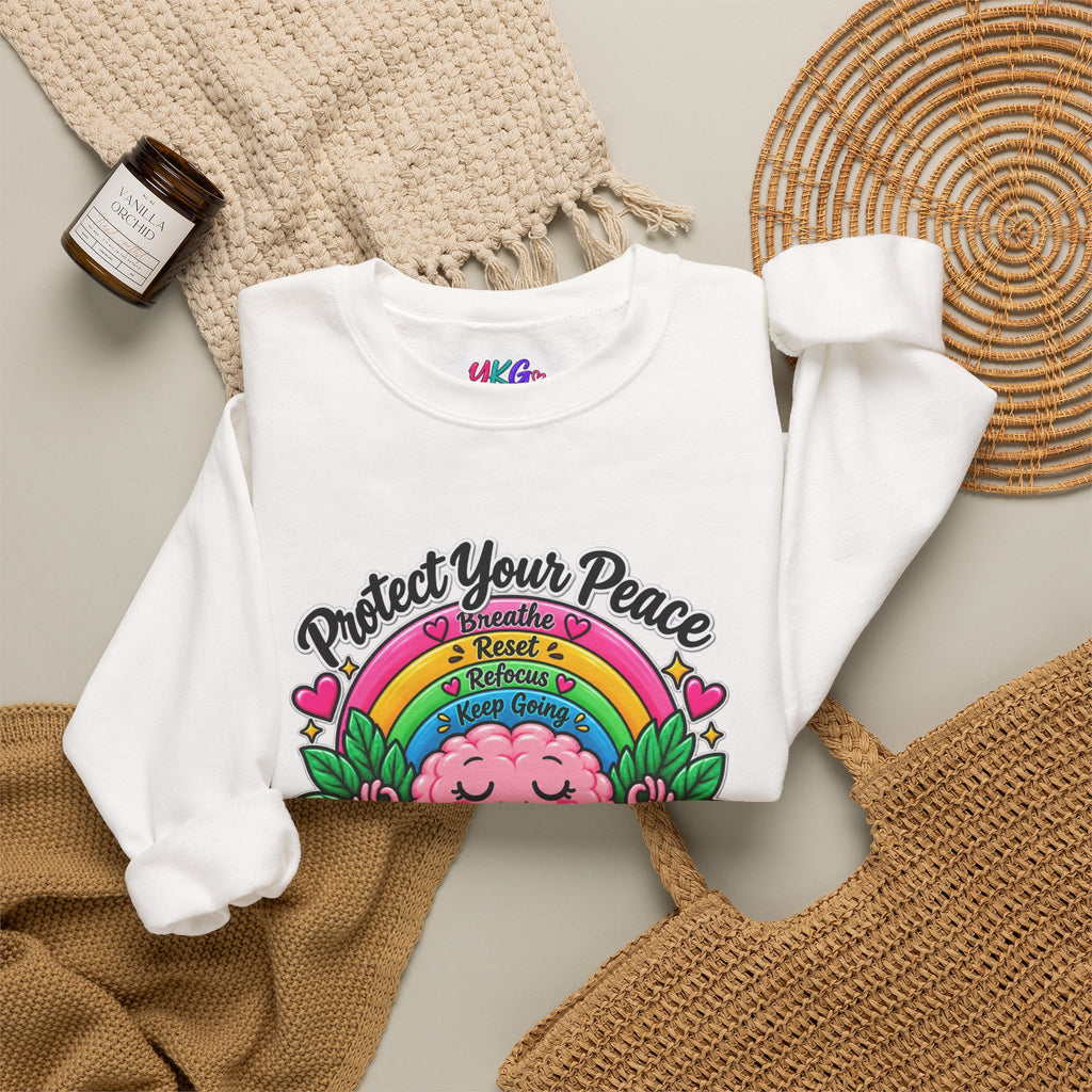 Protect Your Peace Crewneck Sweatshirt — Mental Health Matters Rainbow Brain