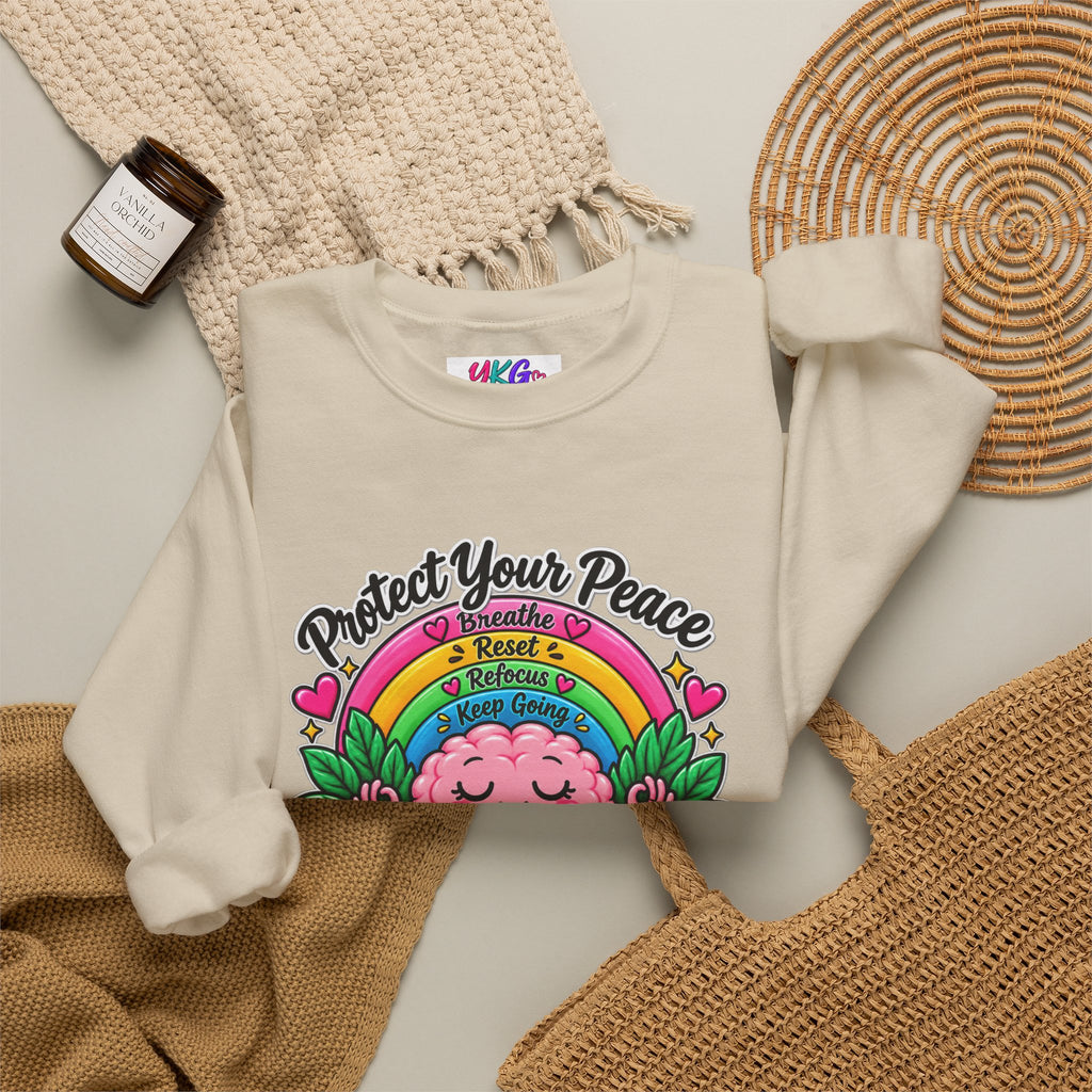 Protect Your Peace Crewneck Sweatshirt — Mental Health Matters Rainbow Brain
