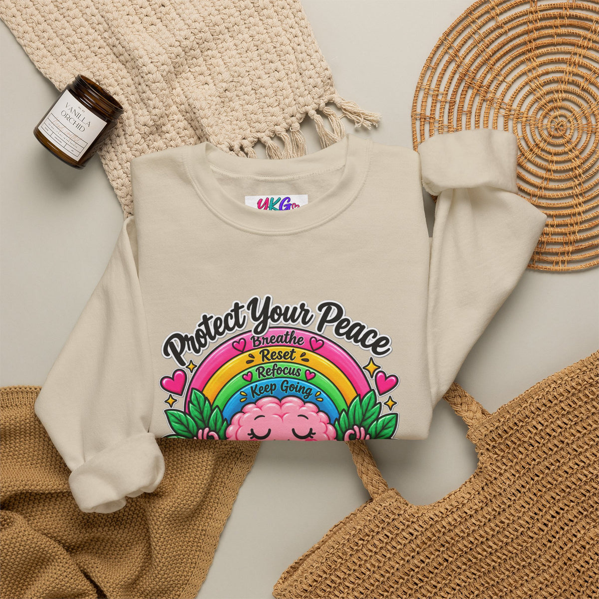 Protect Your Peace Crewneck Sweatshirt — Mental Health Matters Rainbow Brain