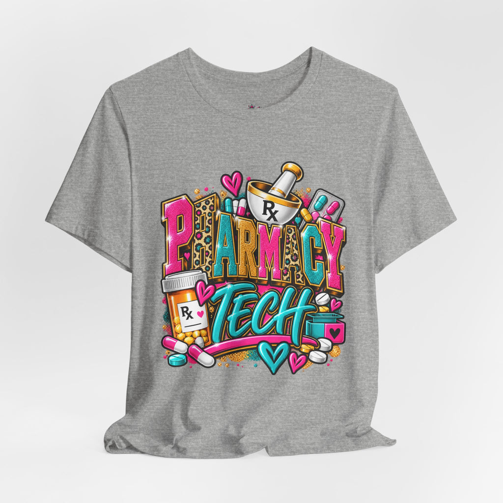 Pharmacy Tech T-Shirt – Colorful Heart & Pill Graphic Tee for Pharmacy Technicians