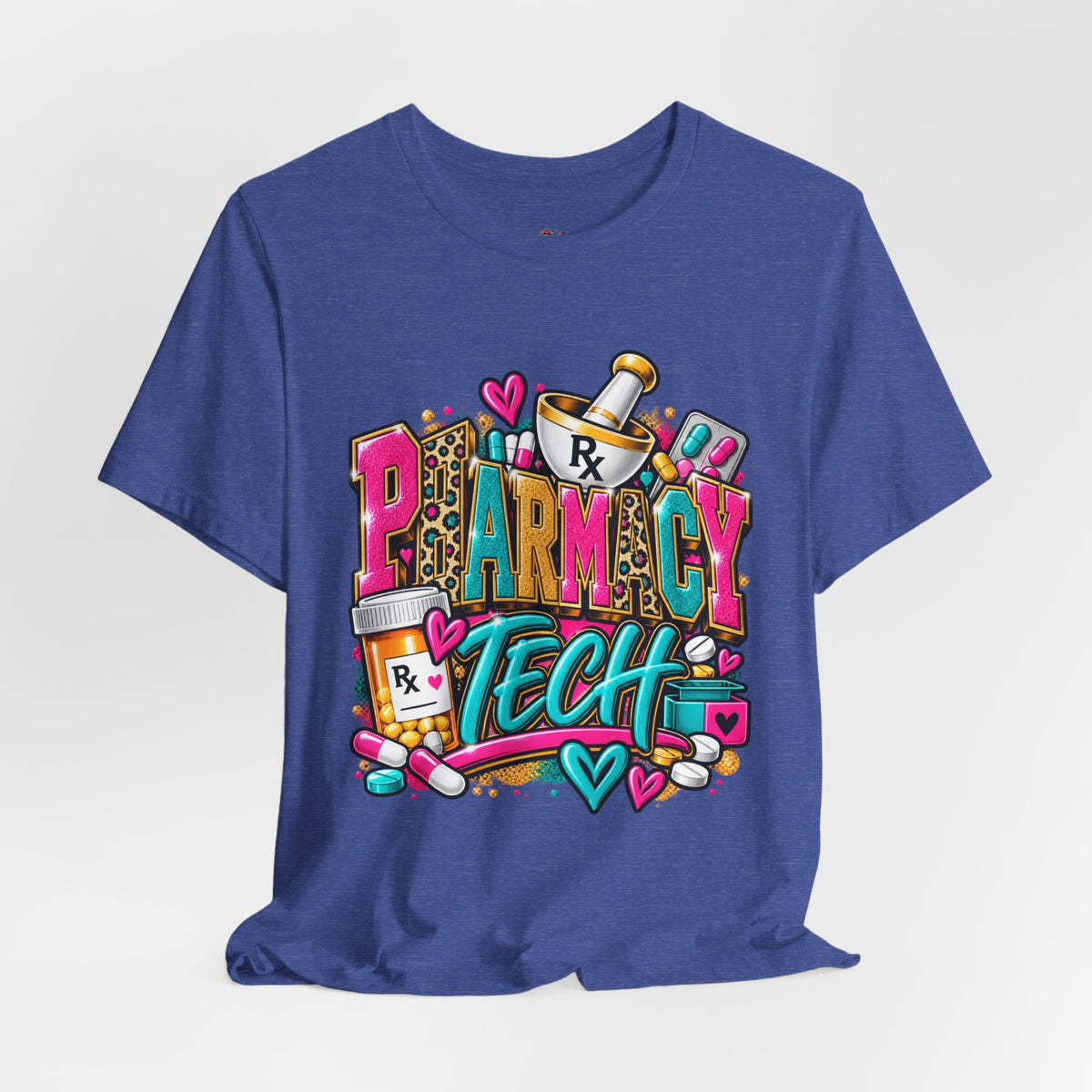 Pharmacy Tech T-Shirt – Colorful Heart & Pill Graphic Tee for Pharmacy Technicians