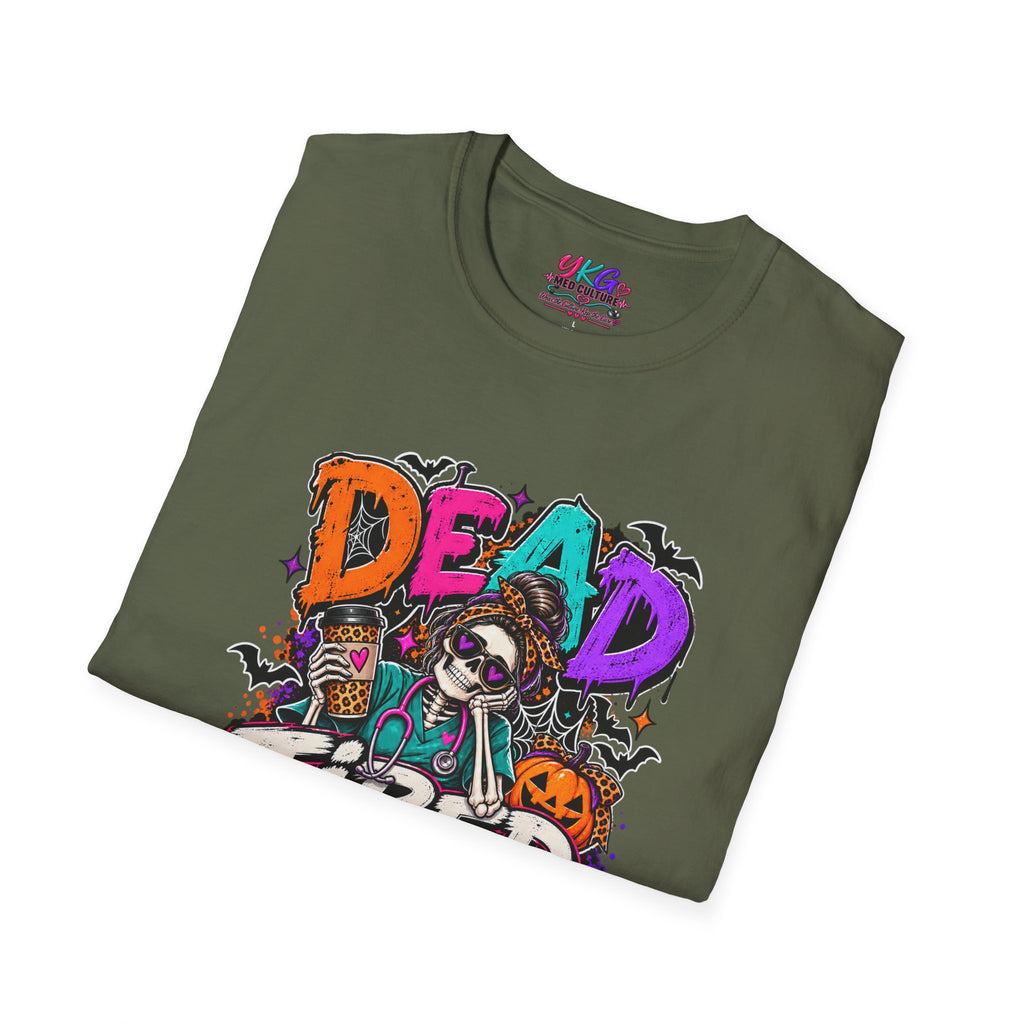 Dead Tired Still Caring Graphic T-Shirt — Funny Gothic Skull Tee