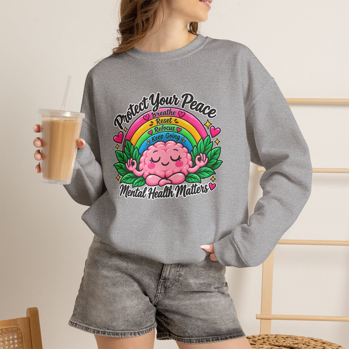 Protect Your Peace Crewneck Sweatshirt — Mental Health Matters Rainbow Brain