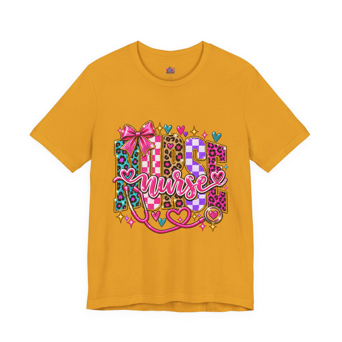 Nurse Graphic Tee — Colorful Leopard Scrub Letters with Hearts & Bow