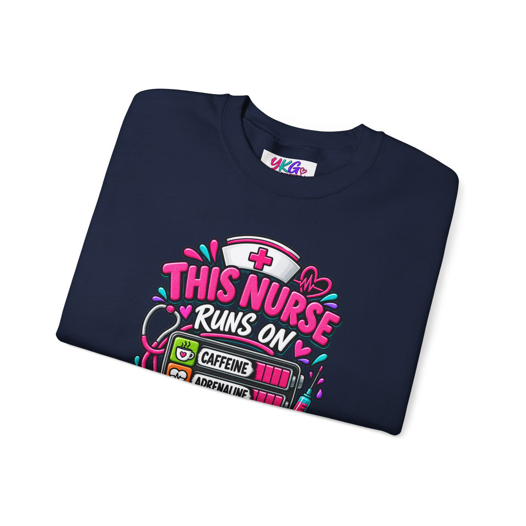 Nurse Crewneck Sweatshirt — "This Nurse Runs on Caffeine, Compassion & Cuss Words" Embroidered