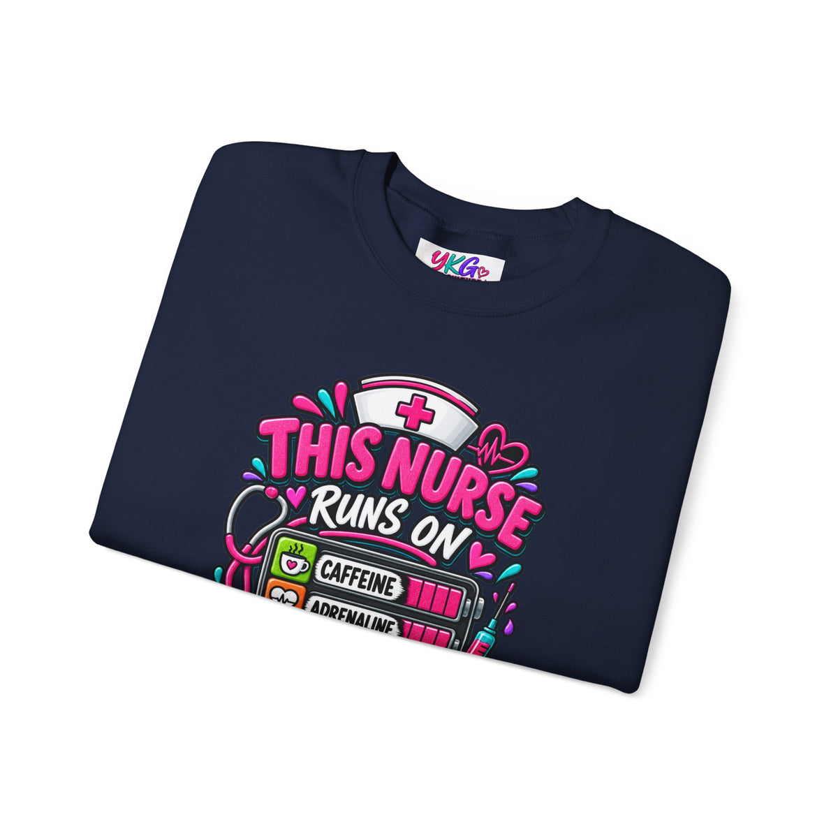 Nurse Crewneck Sweatshirt — "This Nurse Runs on Caffeine, Compassion & Cuss Words" Embroidered