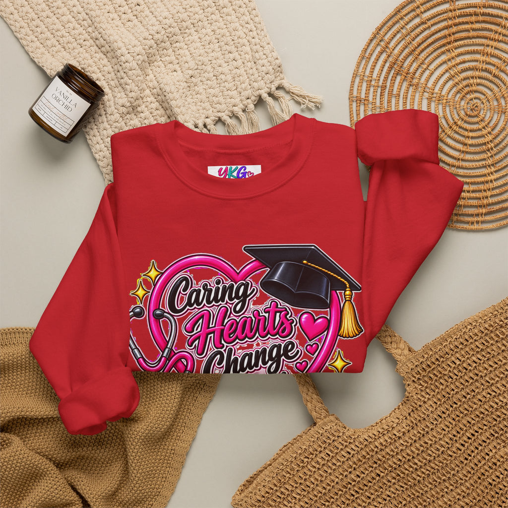 Caring Hearts Change Lives Sweatshirt — Nurse Graduation Stethoscope Crewneck