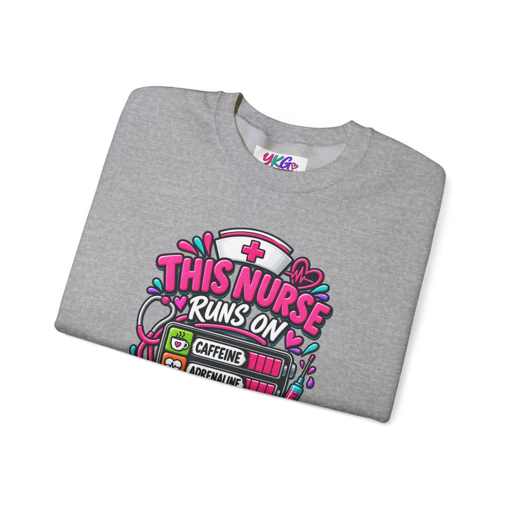 Nurse Crewneck Sweatshirt — "This Nurse Runs on Caffeine, Compassion & Cuss Words" Embroidered