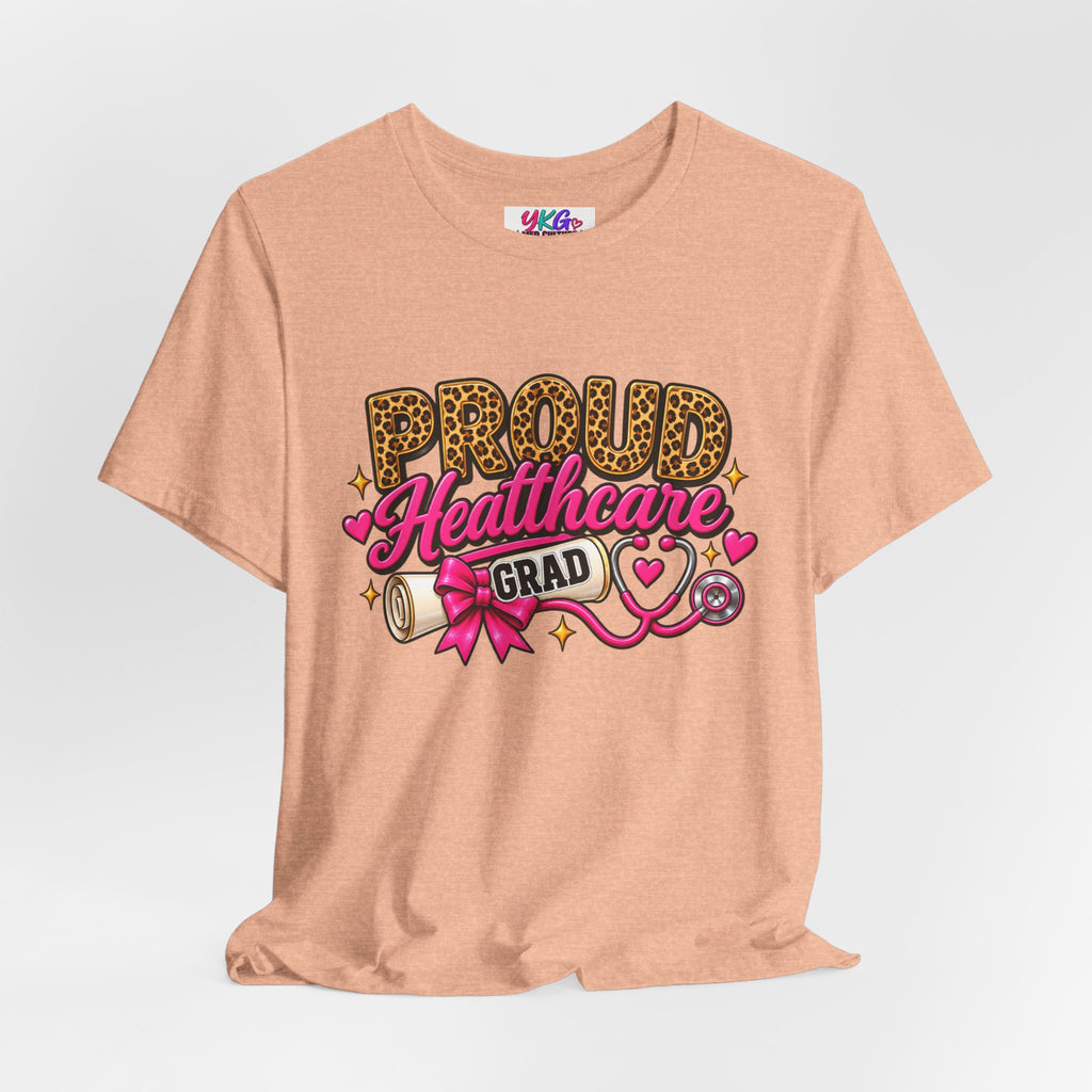 Proud Healthcare Grad T-Shirt — Leopard "PROUD" with Pink Stethoscope & Diploma