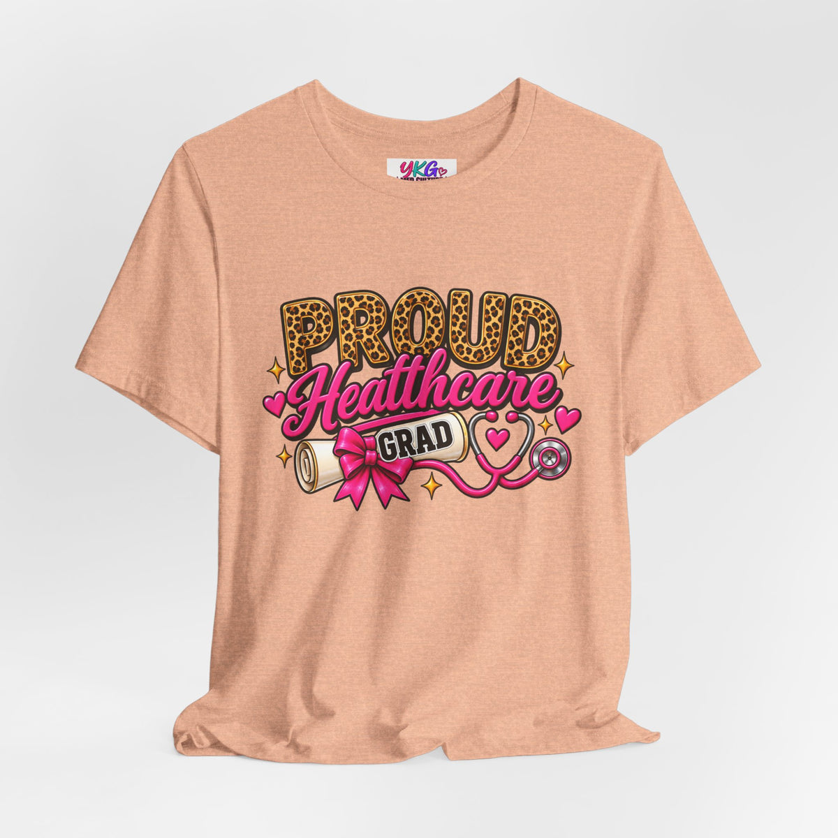 Proud Healthcare Grad T-Shirt — Leopard "PROUD" with Pink Stethoscope & Diploma