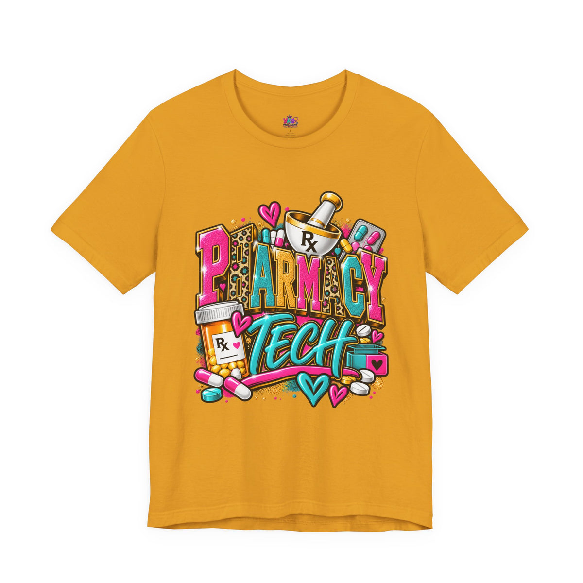 Pharmacy Tech T-Shirt – Colorful Heart & Pill Graphic Tee for Pharmacy Technicians