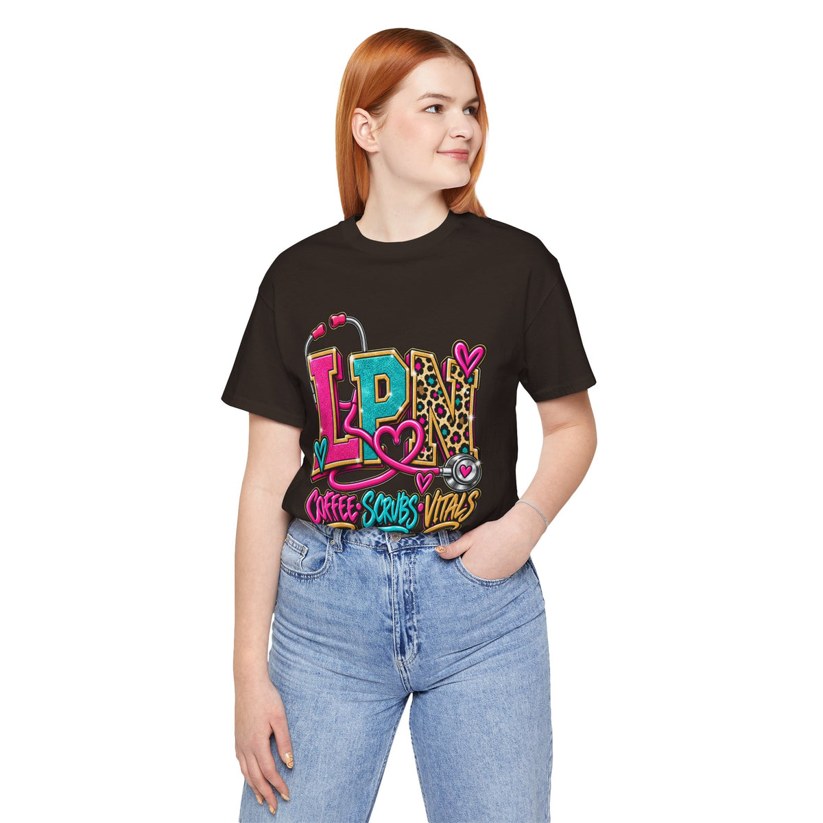 LPN Tee — “Coffee, Scrubs, Vitals” Colorful Stethoscope Design