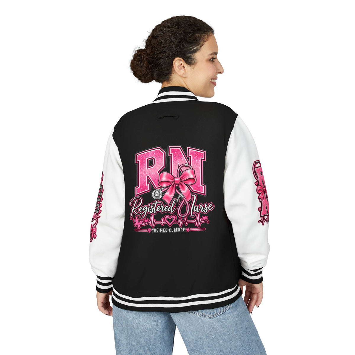 RN Registered Nurse Letterman Jacket — Pink Bow Varsity Jacket for Nurses