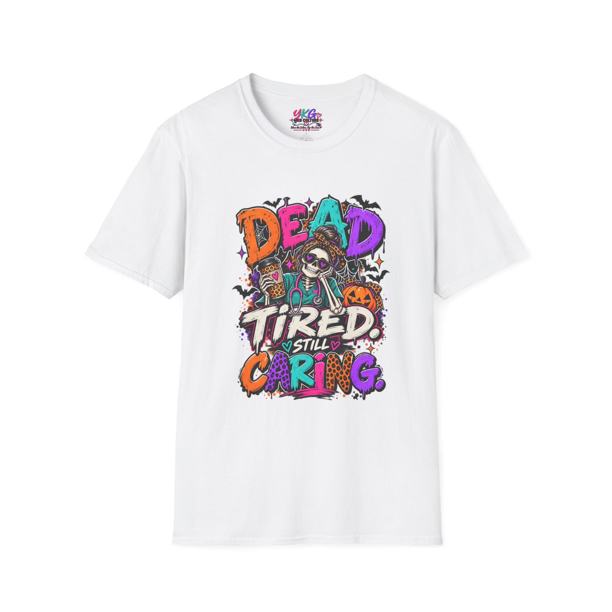 Dead Tired Still Caring Graphic T-Shirt — Funny Gothic Skull Tee