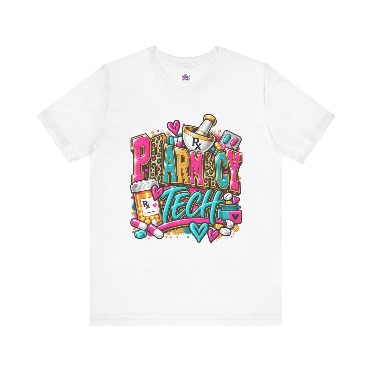 Pharmacy Tech T-Shirt – Colorful Heart & Pill Graphic Tee for Pharmacy Technicians
