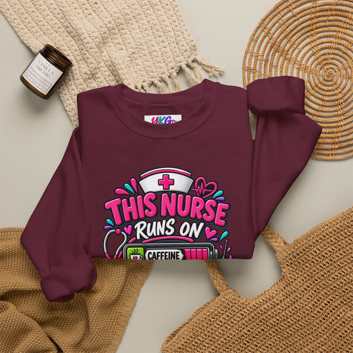 Nurse Crewneck Sweatshirt — "This Nurse Runs on Caffeine, Compassion & Cuss Words" Embroidered