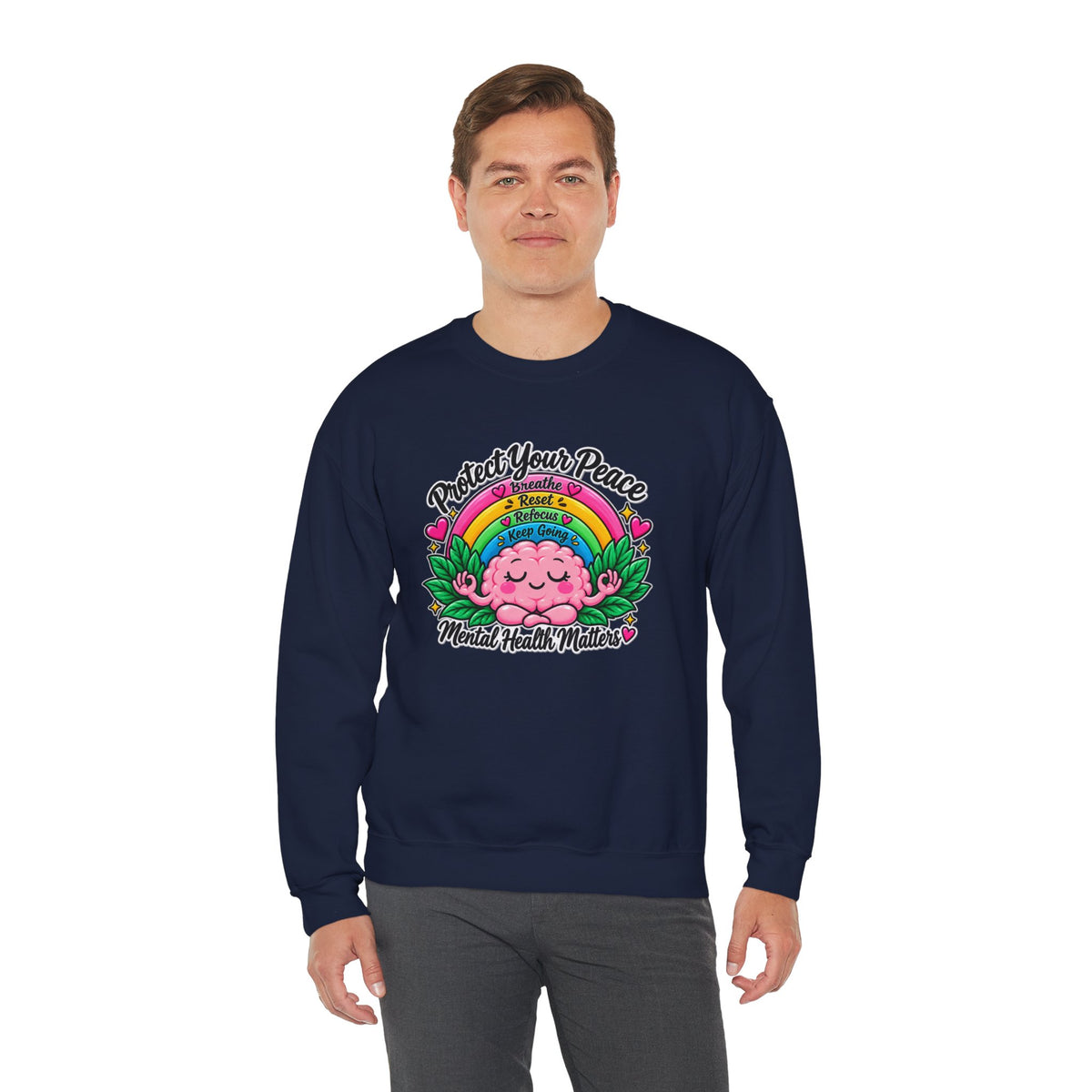 Protect Your Peace Crewneck Sweatshirt — Mental Health Matters Rainbow Brain