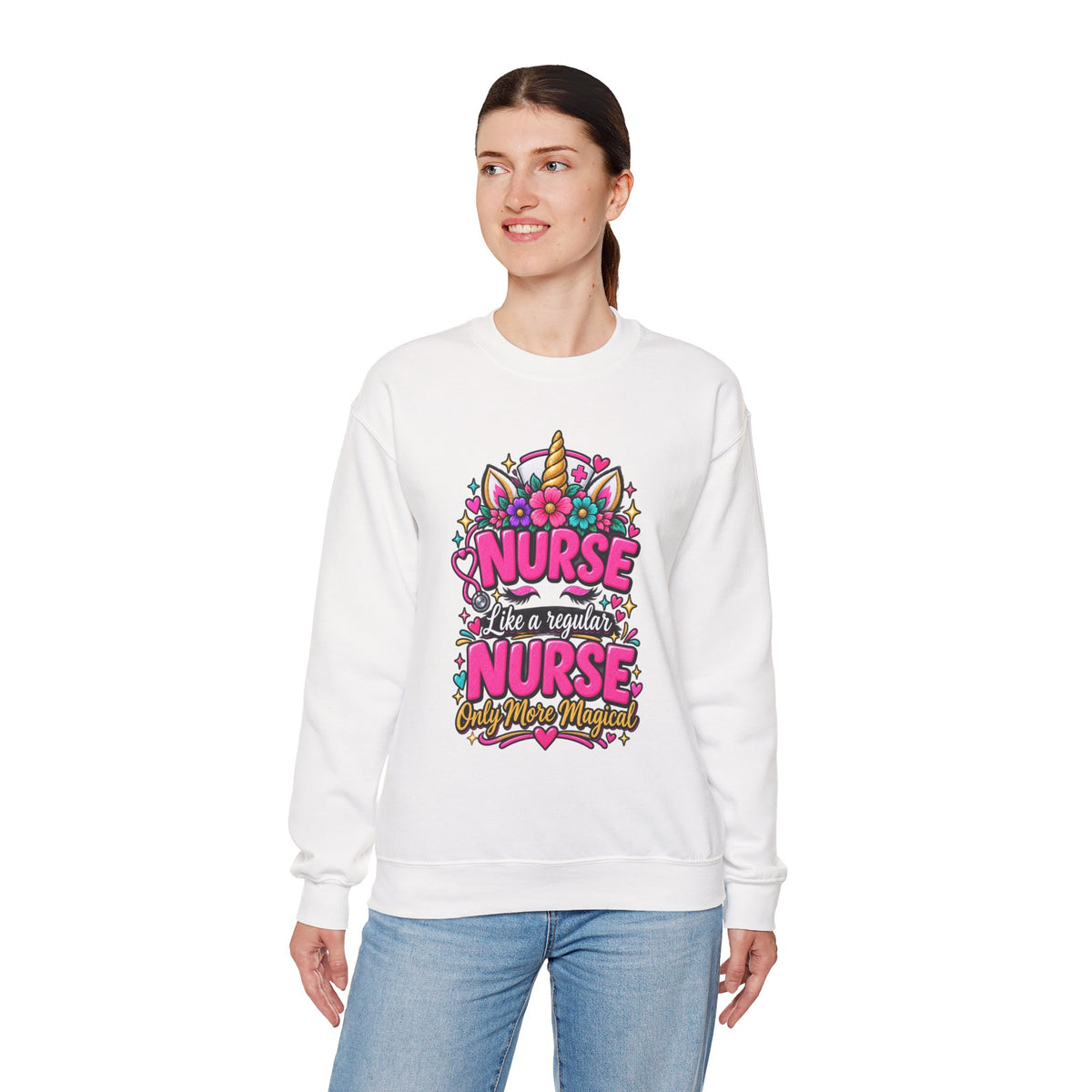 Crewneck Sweatshirt — "Nurse Like a Regular Nurse, Only More Magical" Cute Unicorn Nursing Pullover